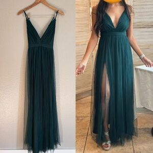 NWOT Lulus Rare Beauty Hunter Green Tulle Backless Maxi Dress